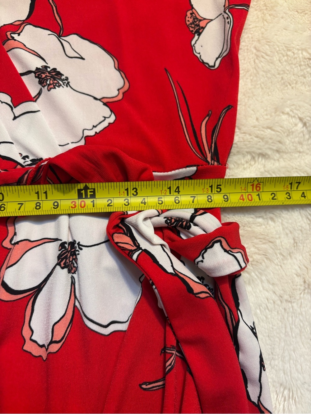 Liz Claiborne Dress Medium Red Faux-Wrap White Floral Midi Side Tie Retro Lined - Picture 12 of 13